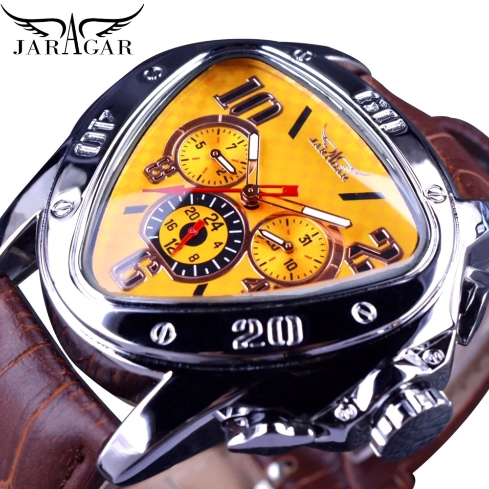 Jaragar Mens  BIG 45mm  Luxury Triangle Watch Genuine Leather Band. Great Gift!